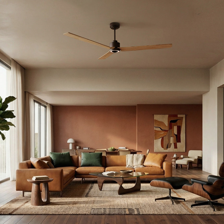 Ventilador de techo con luz Sulion Anne 160cm LED marrón óxido y madera clara motor DC — vista 2