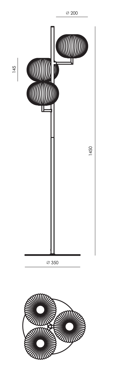 Plano oficial de la lámpara de pie Aromas Irzo P1353: altura 145 cm, base Ø35 cm y tulipas Ø20 × 14,5 cm