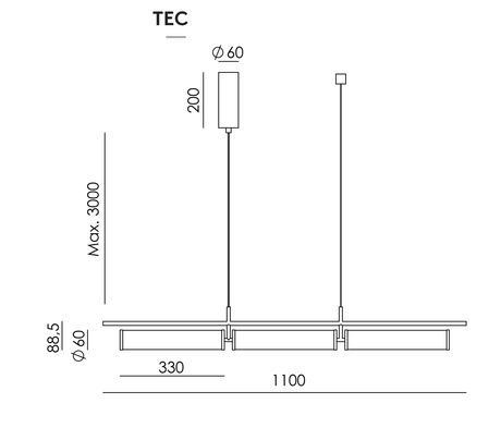 Plano oficial Aromas Numu C1343/3 de tres luces: conjunto de 1100 mm y difusores; cotas en milímetros
