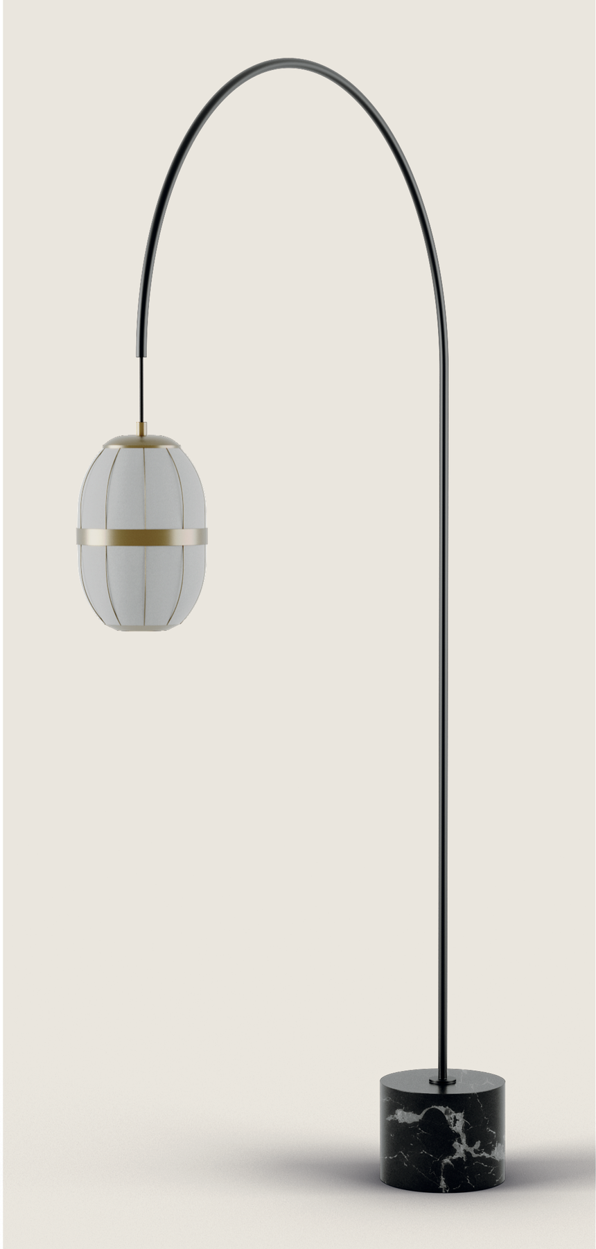 Lámpara de pie Aromas Pull P1249 con tulipa oro envejecido, lino y base de mármol negro, vista completa