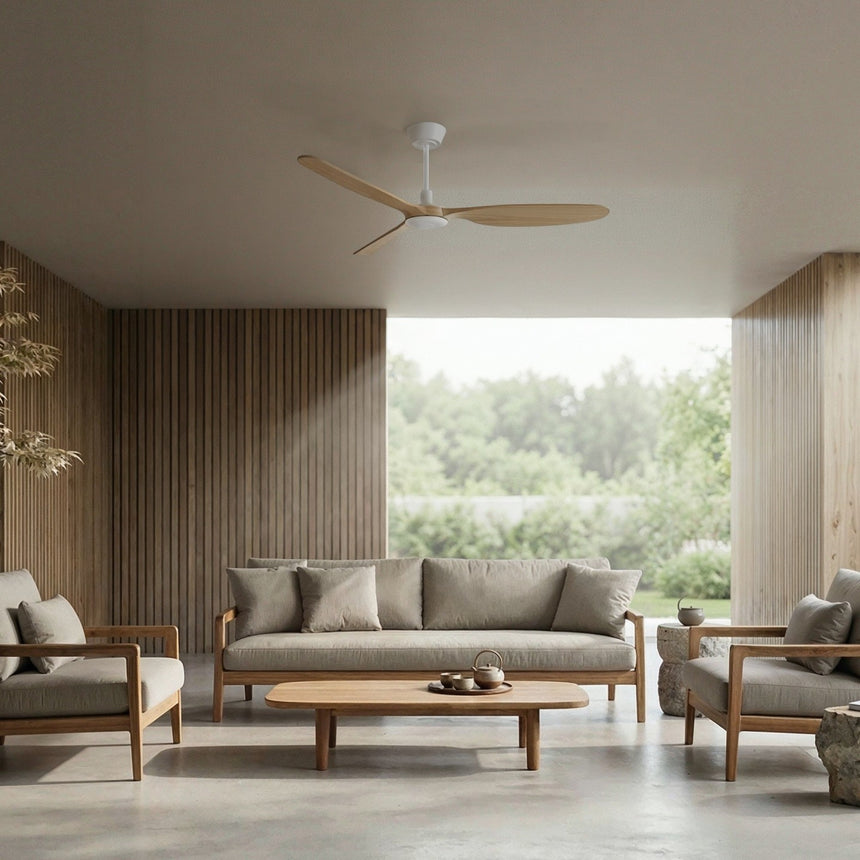Ventilador de techo con luz Sulion Balcony Neo 142cm blanco y madera clara motor DC — vista 2