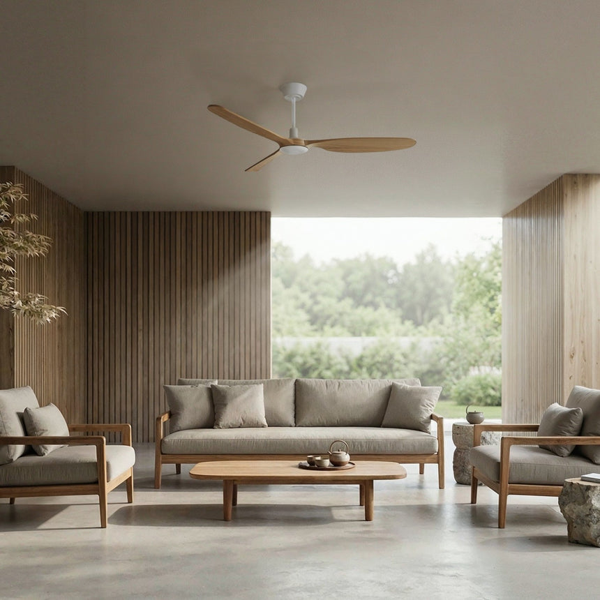 Ventilador de techo con luz Sulion Balcony Neo 142cm blanco y madera media motor DC — vista 2