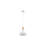 Vista completa de la lámpara colgante EGLO Sabinar 96982, con cable blanco y pantalla blanca y madera