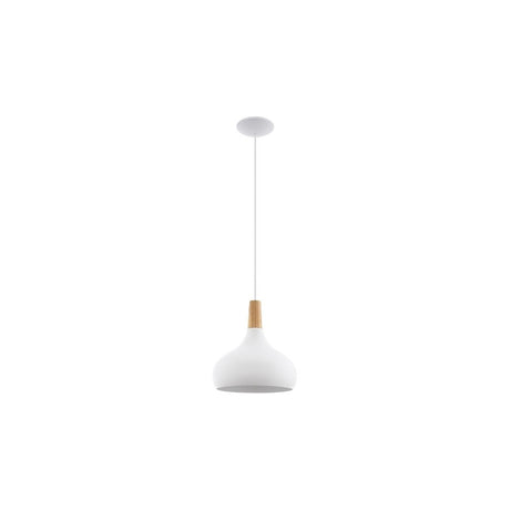Vista completa de la lámpara colgante EGLO Sabinar 96982, con cable blanco y pantalla blanca y madera