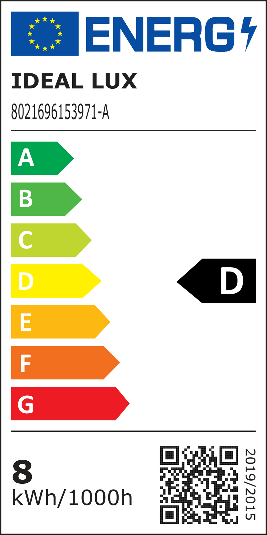 Etiqueta energética oficial de Ideal Lux153971:clase D y8 kWh por1000 horas