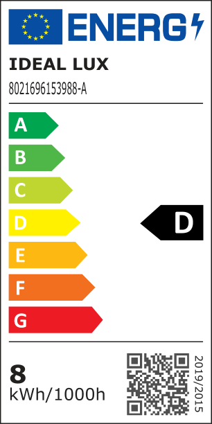 Etiqueta energética oficial de Ideal Lux 153988: clase D y 8 kWh por 1000 horas