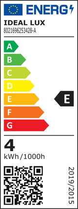 Etiqueta energética oficial Ideal Lux 253428: clase E y consumo de 4 kWh por 1000 horas