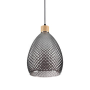 Lámpara colgante Ideal Lux Bergen-1 238746 de cristal fumé con relieve y madera natural