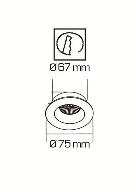 Medidas del empotrable Incolamp 548-B: diámetro exterior 75 mm y corte 67 mm