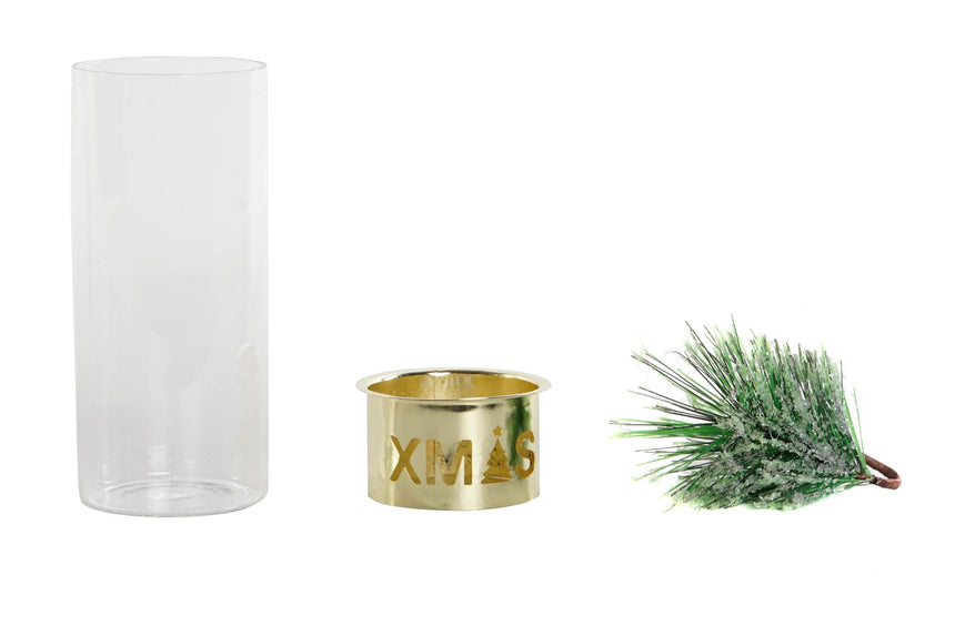 Componentes de un portavelas del juego ITEM NV-207078: vaso de cristal, soporte dorado y pino decorativo