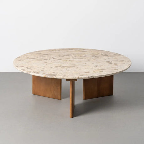 Mesa de centro de piedra natural y madera beige de 100 cm, vista completa del tablero y la base