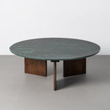 Mesa de centro de piedra natural verde y mango de 100 cm, vista completa con base de madera