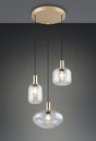 Lámpara Emelie de tres luces con metal dorado y pantallas de vidrio transparente