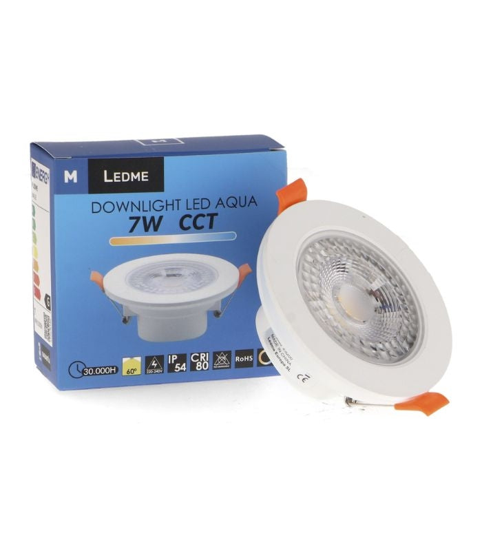 Downlight LEDME Aqua LM4165 blanco con su embalaje identificado