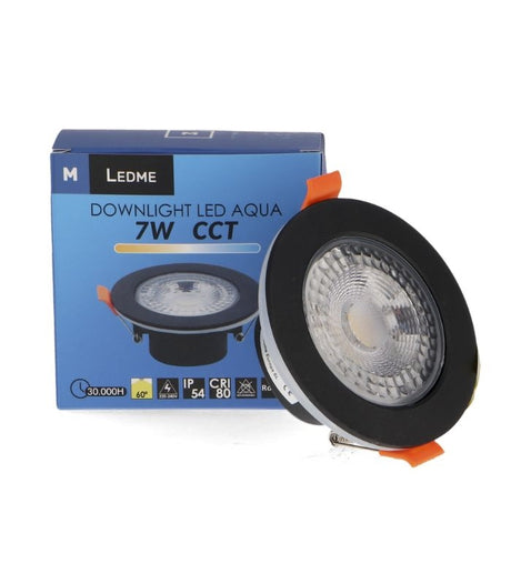 Downlight LEDME Aqua LM4166 negro con su embalaje identificado