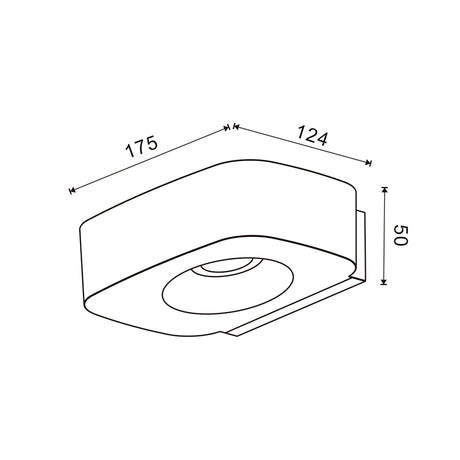 Plano de medidas del aplique Plit: 175 mm de ancho, 124 mm de fondo y 50 mm de alto