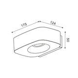 Plano del aplique Plit: 175 mm de ancho, 124 mm de fondo y 50 mm de alto