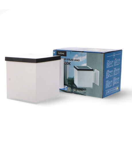 Aplique solar LEDME Jano LM6439 blanco junto a su caja