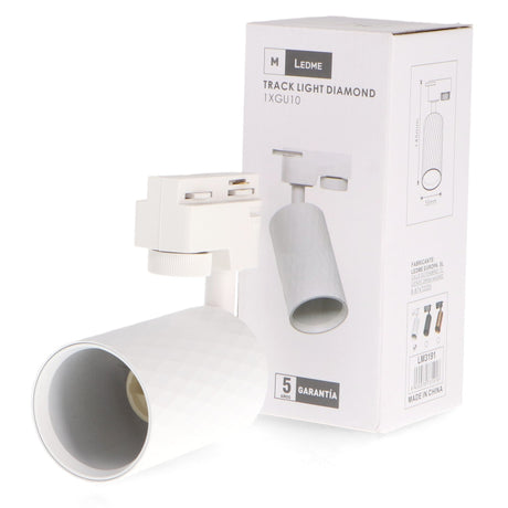 Foco de carril LEDME LM3191 Diamond blanco junto a su embalaje de LEDME