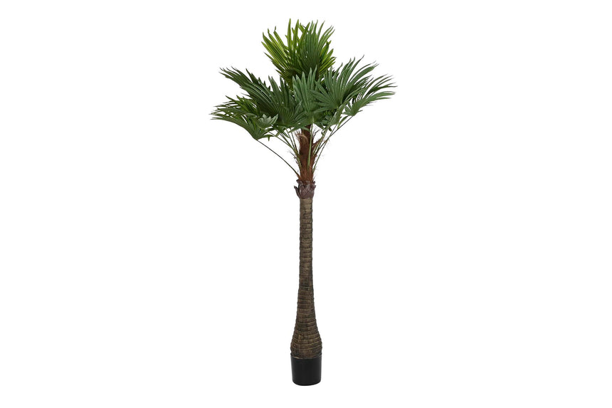 Palmera artificial ITEM JA-200547 de 205 cm en verde y beige, vista completa con base negra
