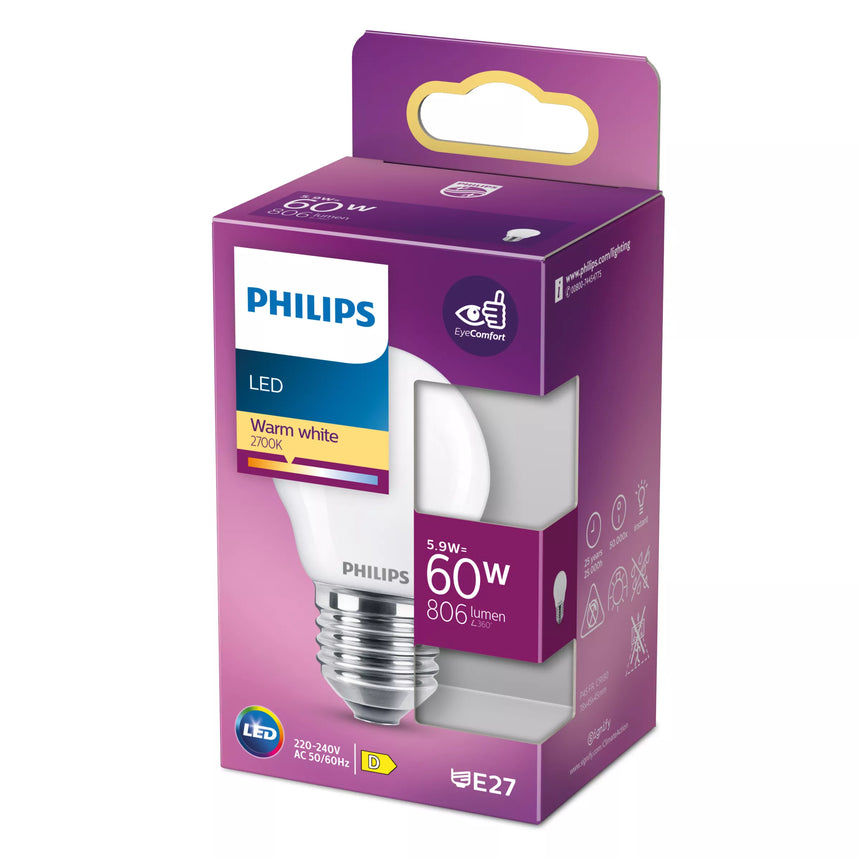 Bombilla Philips LED esférica P45 E27 mate 5,9 W 2700 K, embalaje oficial 929004592101