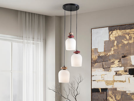 Lámpara colgante Schuller Dunia de tres luces con cristal opal y cerámica granate y marrón claro