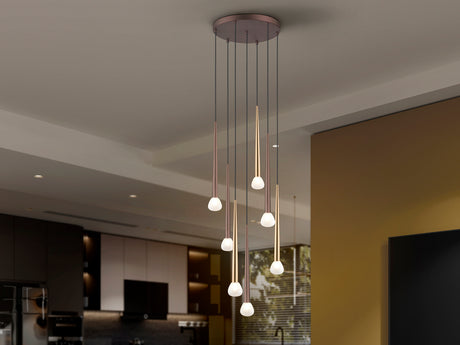 Schuller Komet 312691: lámpara de siete luces en oro y café, vista completa en un salón