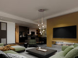 Ambiente oficial con Schuller Komet 312691, lámpara de siete luces en oro brillo, café mate y cristal opal