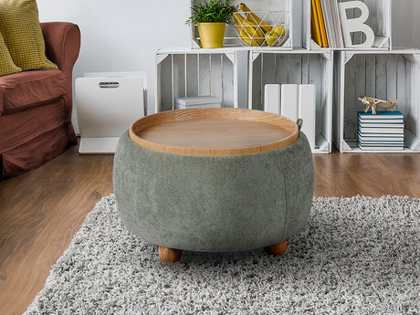 Puf Schuller Lucy de chenilla verde con asiento reversible y tapa de mesa en acabado roble natural