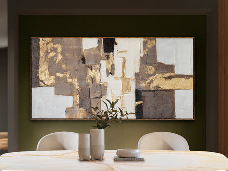 Cuadro Schuller Memory 609876 de 183×93 cm con pintura acrílica, pan de oro y marco marrón rayado en un comedor