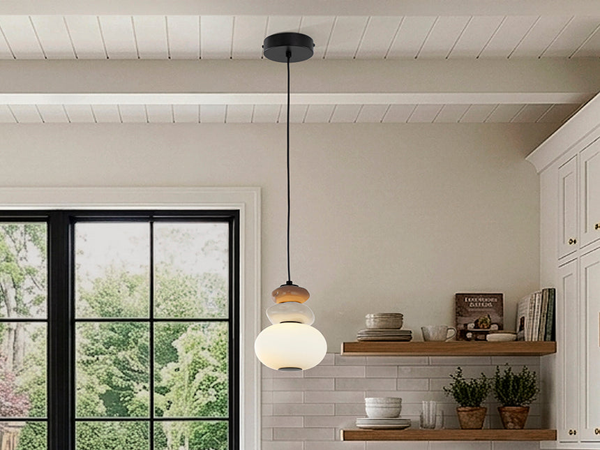 Lámpara colgante Schuller Mirta LED de cristal opal y cerámica en blanco crudo y marrón claro