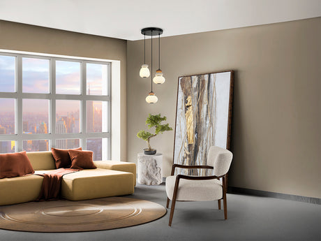 Ambiente oficial con Schuller Mirta 862585, colgante redondo de tres luces con cristal opal y cerámica blanco crudo y marrón claro