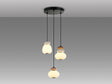 Schuller Mirta 862585, vista completa del colgante redondo de tres luces con cristal opal y cerámica blanco crudo y marrón claro