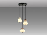Schuller Mirta 862585, vista completa del colgante redondo de tres luces con cristal opal y cerámica blanco crudo y marrón claro