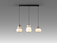 Schuller Mirta 862677, vista frontal completa del colgante lineal de tres luces encendido, con cristal opal y cerámica blanco crudo y marrón claro