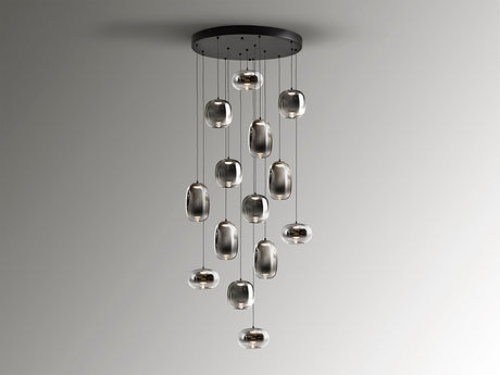 Lámpara colgante Schuller Onice 719957 de catorce luces, metal negro mate y cristal gris humo