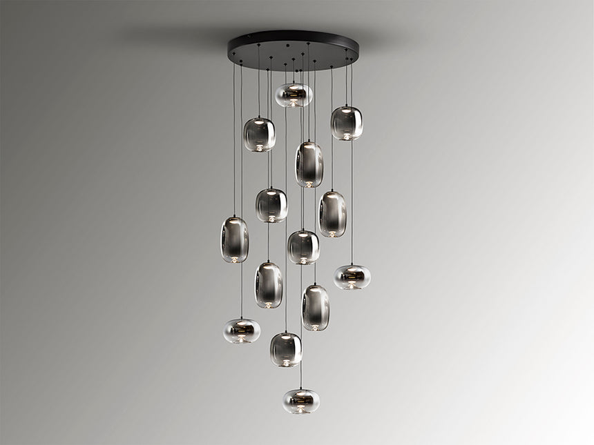 Lámpara colgante Schuller Onice 719957 de catorce luces, metal negro mate y cristal gris humo