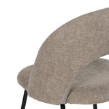Silla IXIA 612565 tapizada taupe con respaldo abierto y patas de hierro negro, detalle posterior y lateral del respaldo