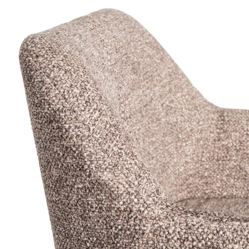Silla IXIA 615416 tapizada jaspeado taupe con brazos y patas negras, detalle del respaldo y tejido