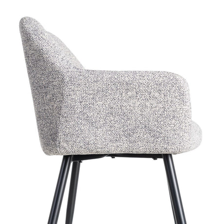 Silla IXIA 615419 tapizada jaspeado gris y blanco con brazos y patas negras, detalle lateral del reposabrazos