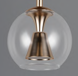 Detalle de la tulipa de vidrio transparente y el módulo LED dorado de Trio Solenne