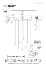 Esquema oficial de montaje de Trio Solenne 394710880: fijación a techo, conexión, ajuste de los colgantes y selector de temperatura DIP; protección IP20