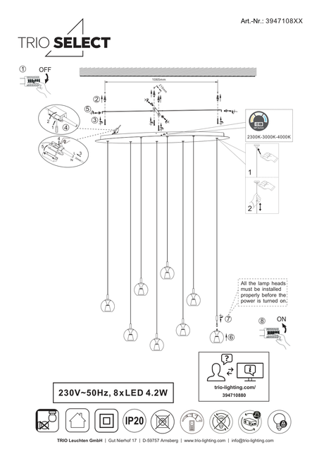 Esquema oficial de montaje de Trio Solenne 394710880: fijación a techo, conexión, ajuste de los colgantes y selector de temperatura DIP; protección IP20