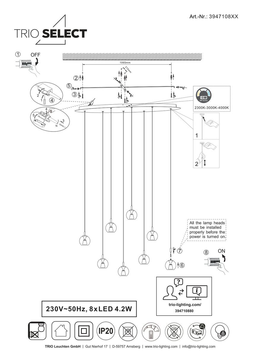 Esquema oficial de montaje de Trio Solenne 394710880: fijación a techo, conexión, ajuste de los colgantes y selector de temperatura DIP; protección IP20