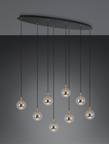 Lámpara colgante Trio Solenne 394710880 de ocho luces en negro y dorado con esferas de vidrio transparente