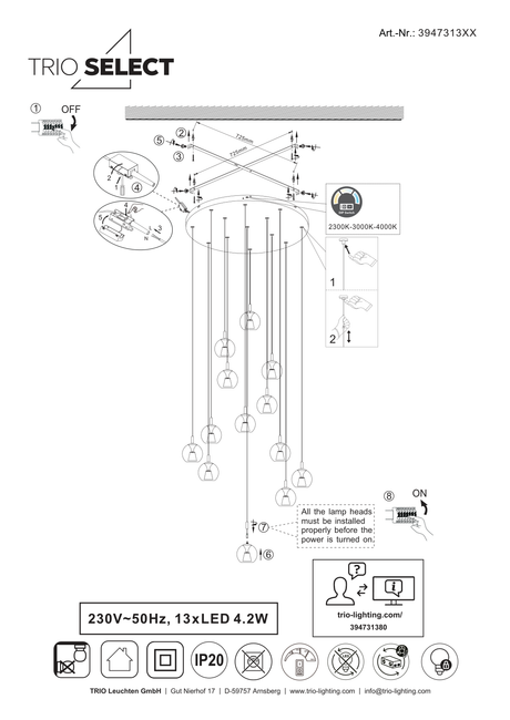 Esquema oficial de montaje de Trio Solenne 394731380 de trece luces, ajuste de altura y selector DIP; protección IP20