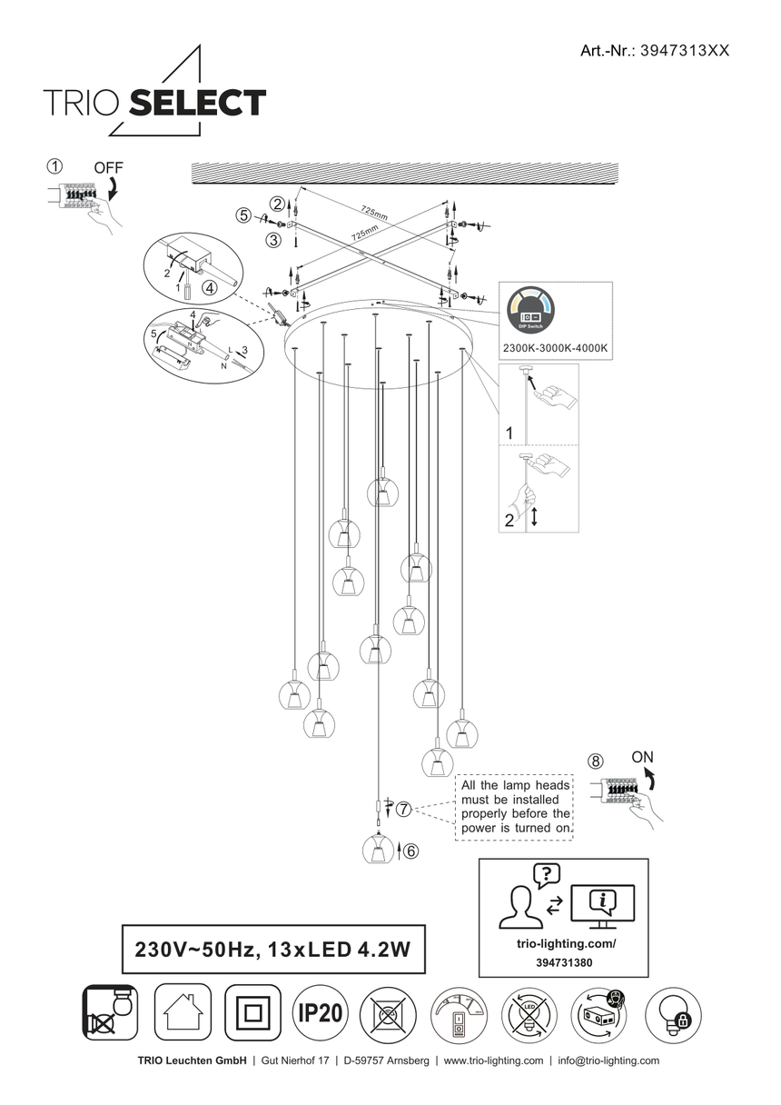 Esquema oficial de montaje de Trio Solenne 394731380 de trece luces, ajuste de altura y selector DIP; protección IP20