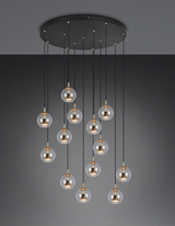 Lámpara colgante Trio Solenne 394731380 de trece luces, florón circular negro y esferas transparentes con detalles dorados