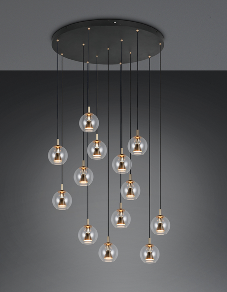 Lámpara colgante Trio Solenne 394731380 de trece luces, florón circular negro y esferas transparentes con detalles dorados