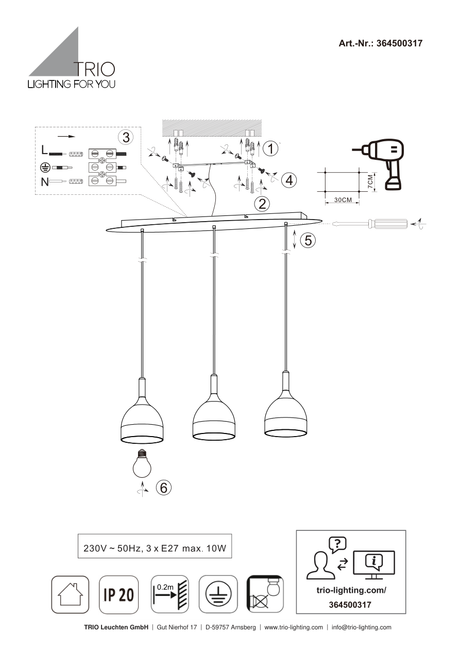 Esquema oficial de montaje de Trio Jerano 364500317: instalación y colocación de bombillas E27, IP20